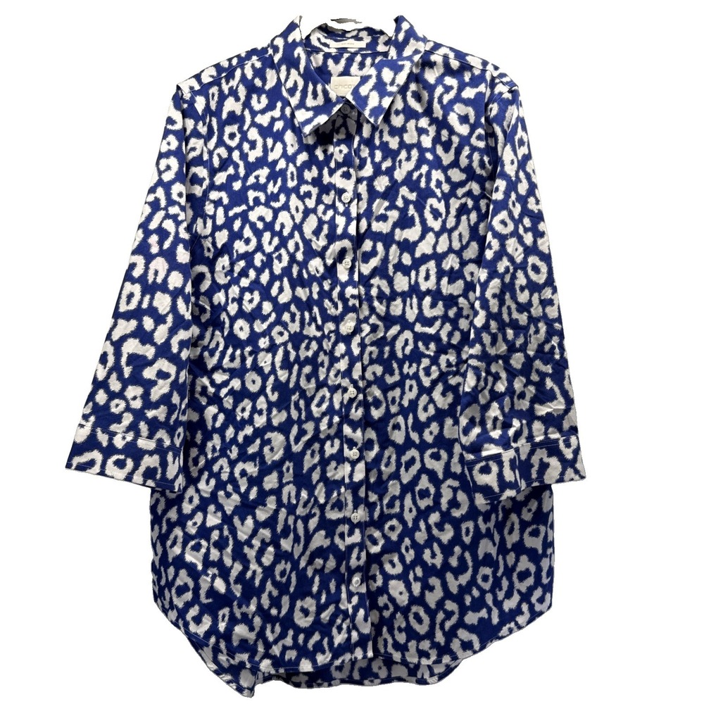 Chicos Women's Top Size Large Blue White Animal Print 3/4 Sleeves 100% Cotton
